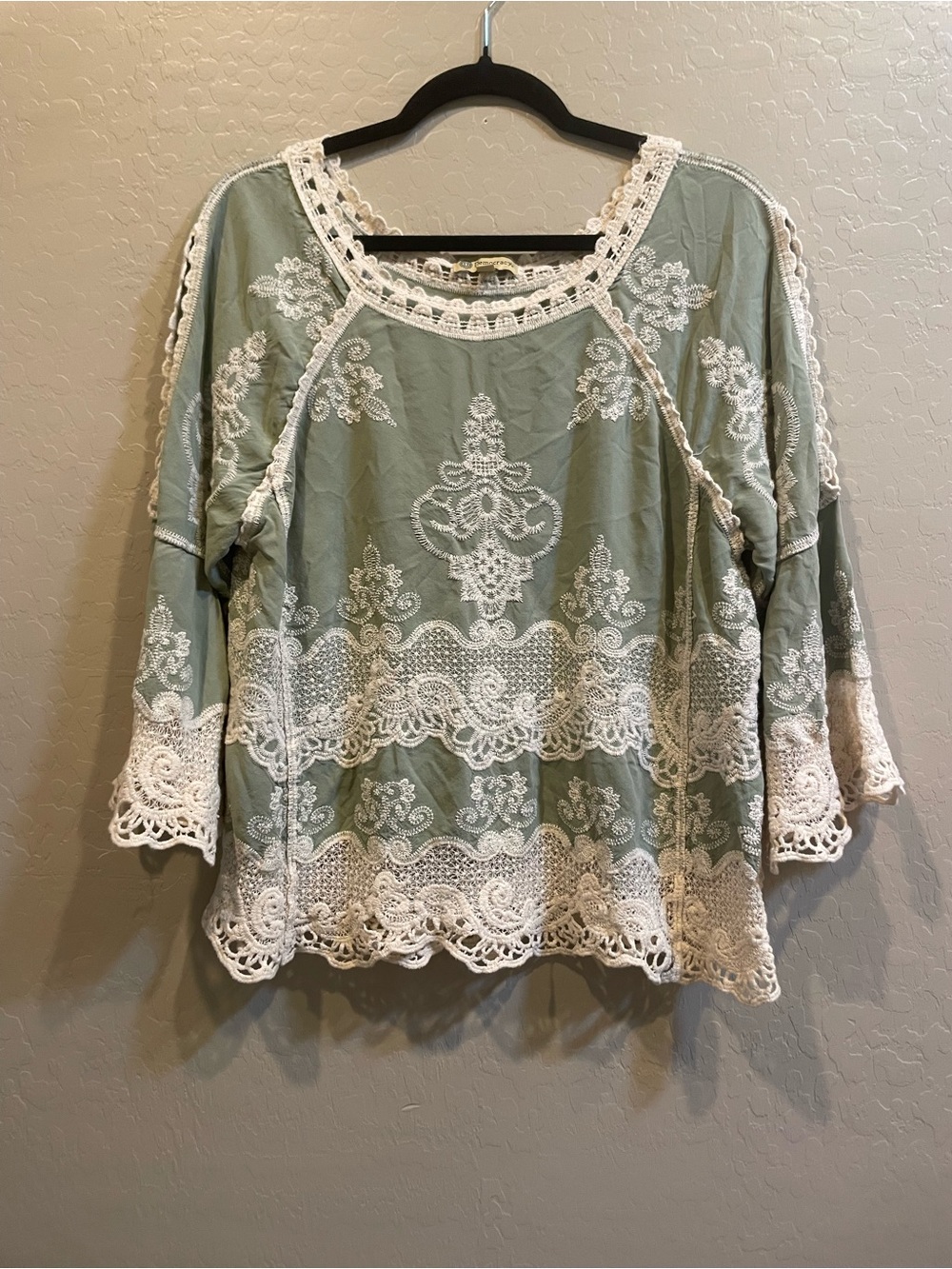 Democracy Sage Green Lace-Trim Embroidered Blouse